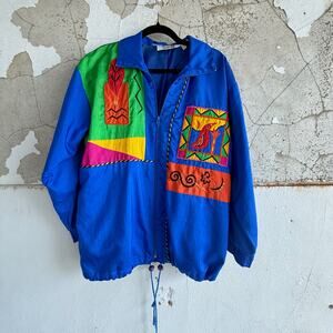 Vintage embroidered windbreaker jacket 80s abstract graphic royal blue S